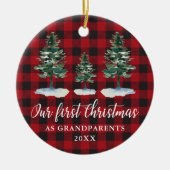 初めてのクリスマス祖父母PLAID写真バック セラミックオーナメント (正面)