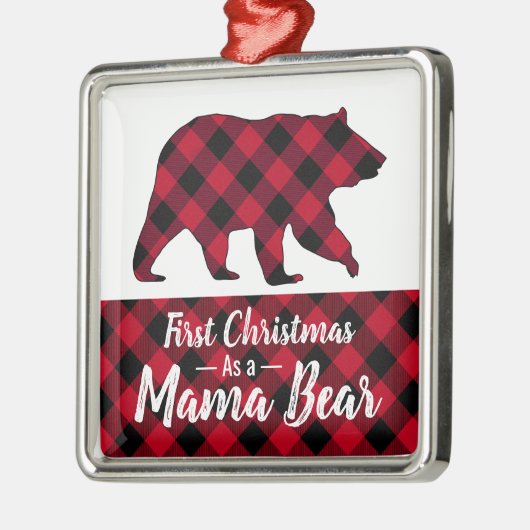 初めてのクリスマス素朴ママベアレッドバッファロープレイド メタルオーナメント (左)