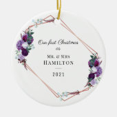 初めてのクリスマス紫フローラ幾何学模様 セラミックオーナメント (正面)