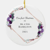 初めてのクリスマス紫フローラ幾何学模様 セラミックオーナメント (裏面)