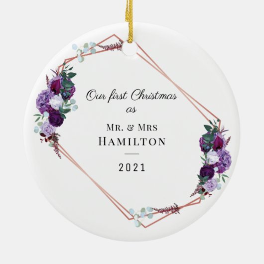 初めてのクリスマス紫フローラ幾何学模様 セラミックオーナメント (裏面)