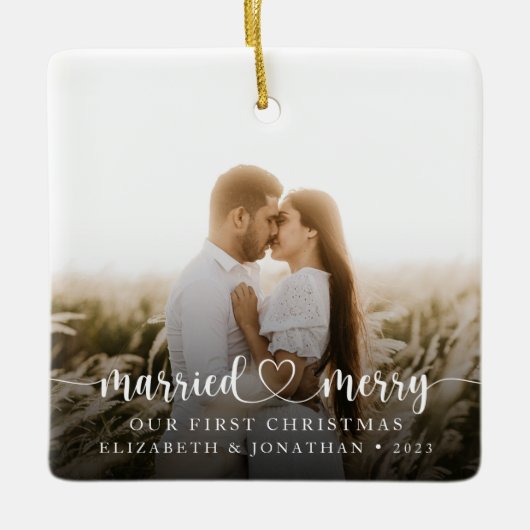 初めてのクリスマス結婚したと写メリー真 セラミックオーナメント (正面)