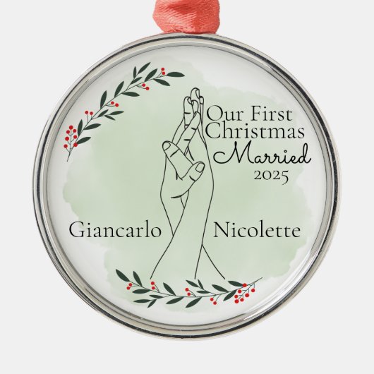 初めてのクリスマス結婚したの両手の連動 メタルオーナメント (正面)