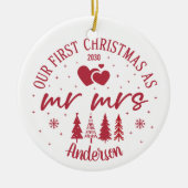 初めてのクリスマス結婚したの写真と日付 セラミックオーナメント (正面)