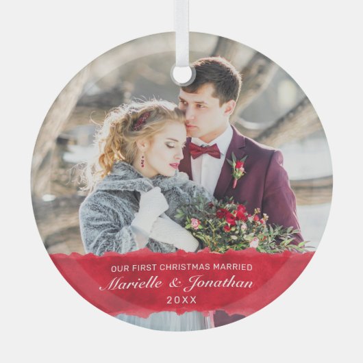 初めてのクリスマス結婚したの白いスクリプトフォト ガラスオーナメント (正面)