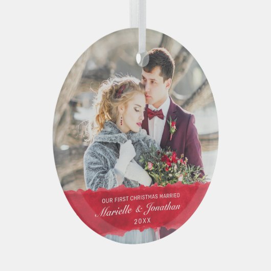 初めてのクリスマス結婚したの白いスクリプトフォト ガラスオーナメント (正面右)