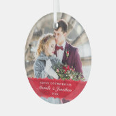 初めてのクリスマス結婚したの白いスクリプトフォト ガラスオーナメント (正面左)