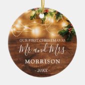 初めてのクリスマス結婚したの素朴な木と光 セラミックオーナメント (正面)