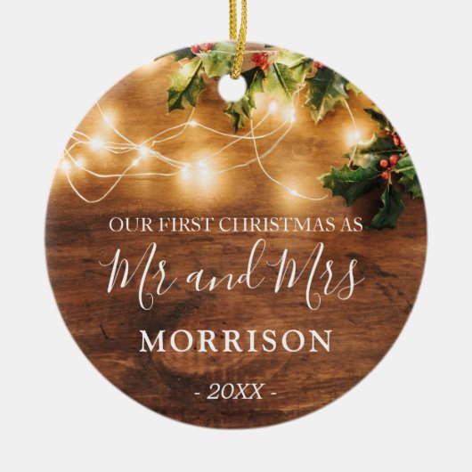 初めてのクリスマス結婚したの素朴な木と光 セラミックオーナメント (正面)