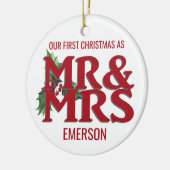 初めてのクリスマス結婚したはっきりしたタイポグラフィミスター&ミセス セラミックオーナメント (左)