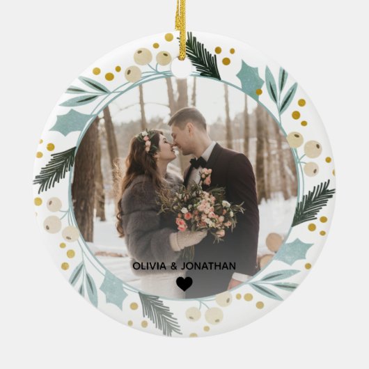 初めてのクリスマス結婚したは写真ミセスと同じモダン セラミックオーナメント (裏面)