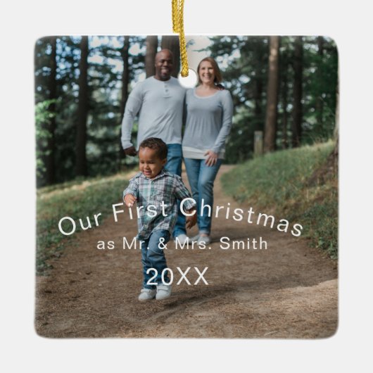 初めてのクリスマス結婚したはMr.ミセス・フォト セラミックオーナメント (正面)