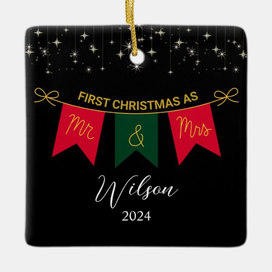初めてのクリスマス結婚したをMr.And Mrs.金ゴールド・スクリプトとして セラミックオーナメント (正面)
