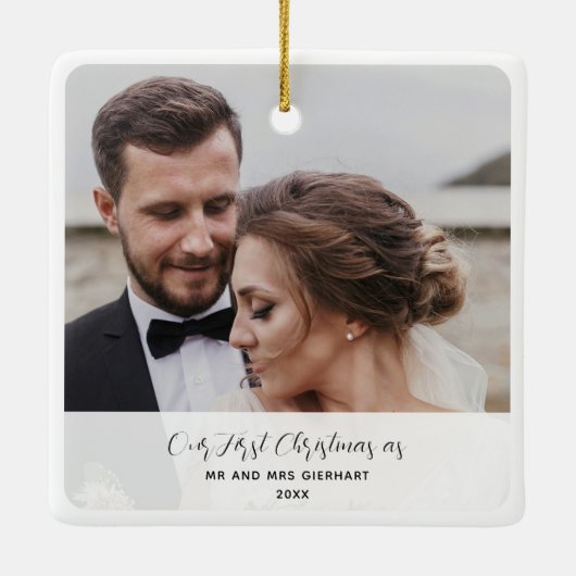 初めてのクリスマス結婚したウエディングの写真 セラミックオーナメント (裏面)