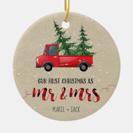 初めてのクリスマス結婚したオーナメントパーソナライズされたギフト セラミックオーナメント (正面)
