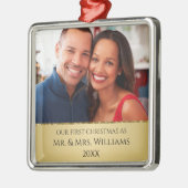 初めてのクリスマス結婚したシック金ゴールドと写真 メタルオーナメント (左)