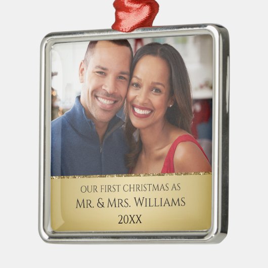 初めてのクリスマス結婚したシック金ゴールドと写真 メタルオーナメント (左)