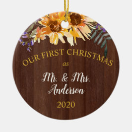 初めてのクリスマス結婚したス素朴ンフラワーオンウッド セラミックオーナメント