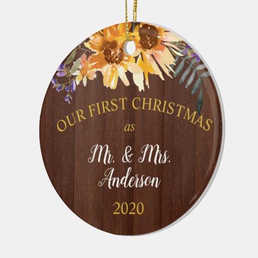 初めてのクリスマス結婚したス素朴ンフラワーオンウッド セラミックオーナメント (左)