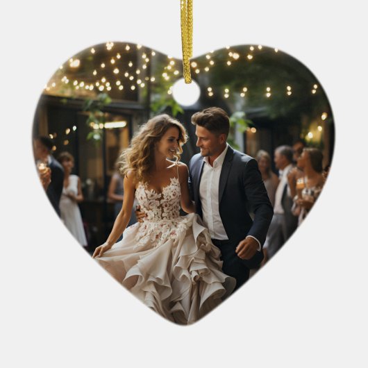 初めてのクリスマス結婚したハート図形 セラミックオーナメント (正面)