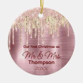 初めてのクリスマス結婚したバラ赤面金ゴールド セラミックオーナメント (正面)