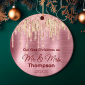 初めてのクリスマス結婚したバラ赤面金ゴールド セラミックオーナメント