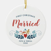 初めてのクリスマス結婚したパーソナライズされたクリスマスフォーク セラミックオーナメント (正面)