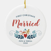 初めてのクリスマス結婚したパーソナライズされたクリスマスフォーク セラミックオーナメント (裏面)