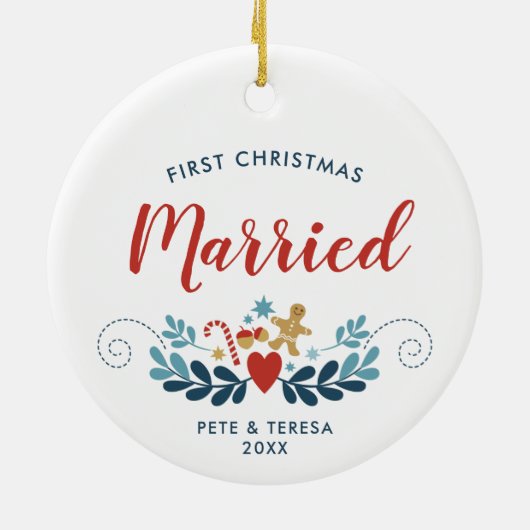 初めてのクリスマス結婚したパーソナライズされたクリスマスフォーク セラミックオーナメント (裏面)