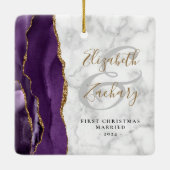 初めてのクリスマス結婚したパープルアガテマーブル金ゴールド セラミックオーナメント (裏面)