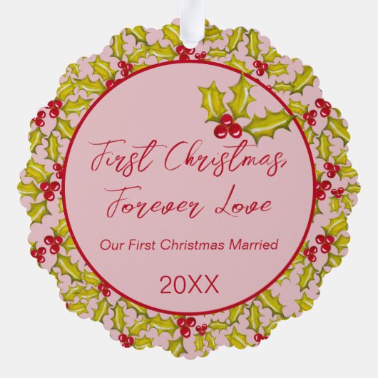初めてのクリスマス結婚したピンク赤おもしろいカップルの写真 オーナメントカード (裏面)