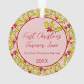 初めてのクリスマス結婚したピンク赤おもしろいカップルの写真 オーナメント (裏面)