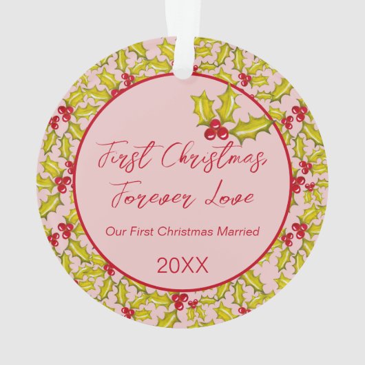 初めてのクリスマス結婚したピンク赤おもしろいカップルの写真 オーナメント (裏面)