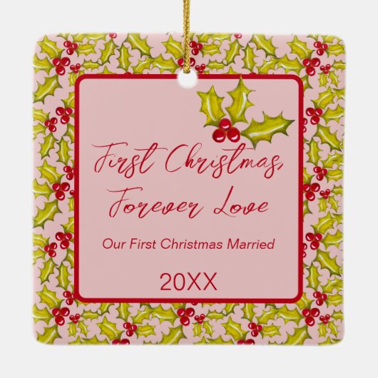 初めてのクリスマス結婚したピンク赤おもしろいカップルの写真 セラミックオーナメント (裏面)