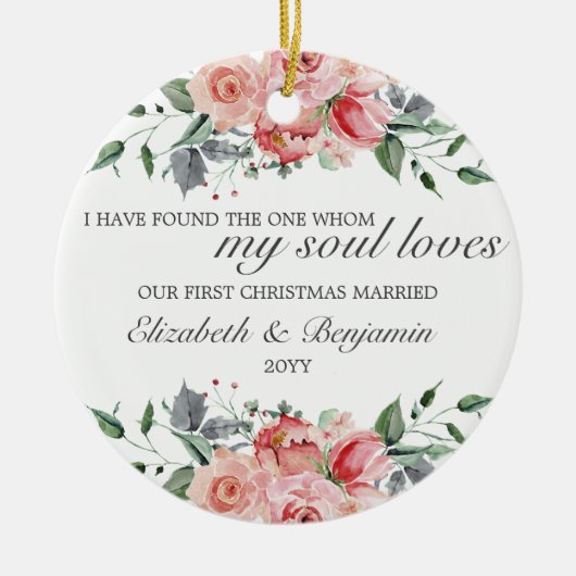 初めてのクリスマス結婚したフォトクリスチャン セラミックオーナメント (正面)