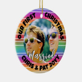 初めてのクリスマス結婚したフォトサンセットストライプ セラミックオーナメント (右)