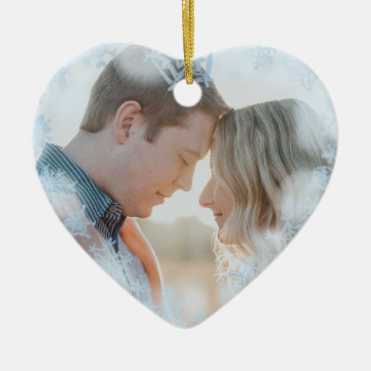 初めてのクリスマス結婚したフォトブルー雪 セラミックオーナメント (正面)
