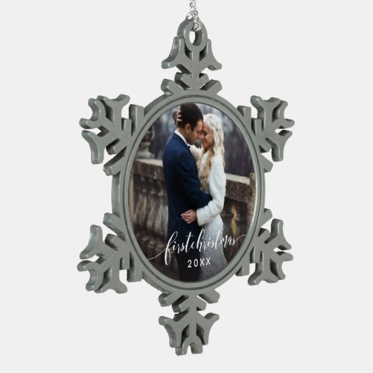 初めてのクリスマス結婚したフォトホリデーオーナメント スノーフレークピューターオーナメント (左)