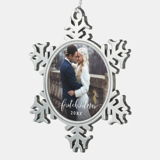 初めてのクリスマス結婚したフォトホリデーオーナメント スノーフレークピューターオーナメント (右)