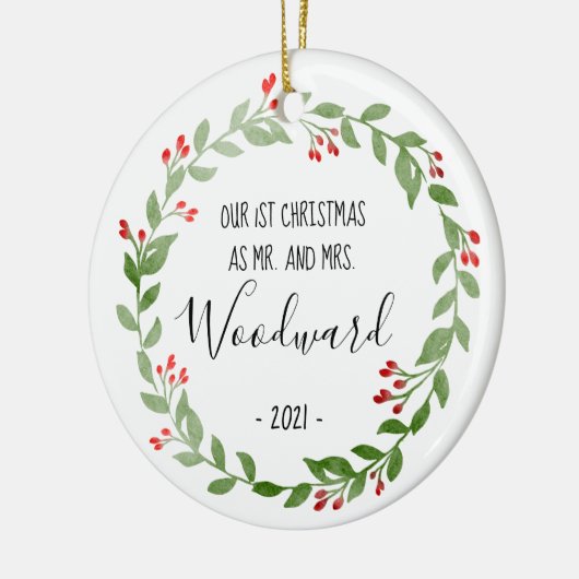 初めてのクリスマス結婚したフォトリースブラック文字 セラミックオーナメント (左)