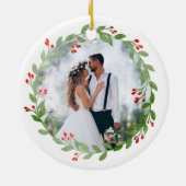 初めてのクリスマス結婚したフォトリースブラック文字 セラミックオーナメント (裏面)