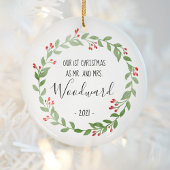 初めてのクリスマス結婚したフォトリースブラック文字 セラミックオーナメント