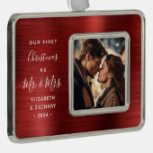 初めてのクリスマス結婚したフォトレッドブラッシュメタル シルバープレートフレームオーナメント (右)