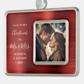 初めてのクリスマス結婚したフォトレッドブラッシュメタル シルバープレートフレームオーナメント (左)