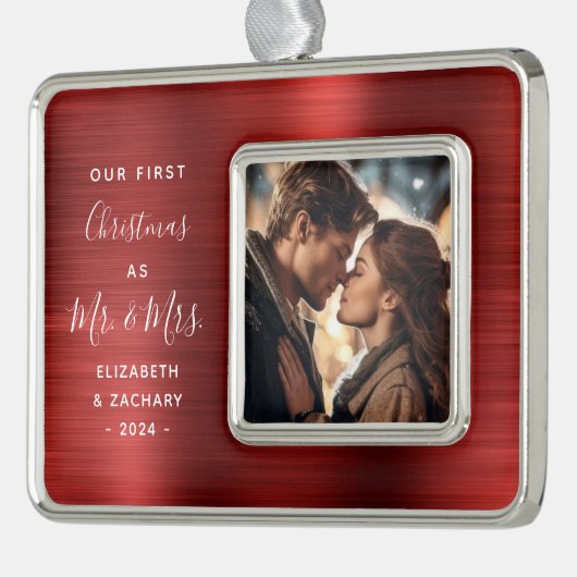 初めてのクリスマス結婚したフォトレッドブラッシュメタル シルバープレートフレームオーナメント (左)