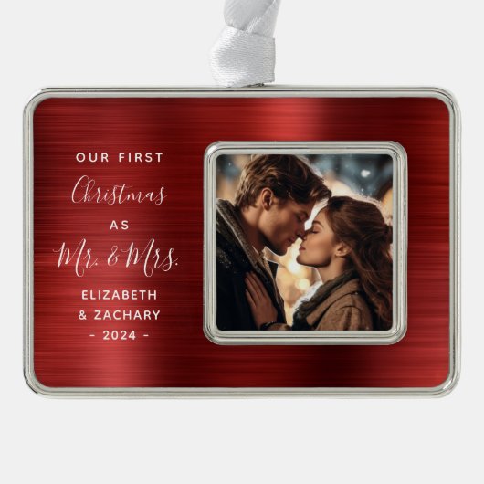 初めてのクリスマス結婚したフォトレッドブラッシュメタル シルバープレートフレームオーナメント (正面)