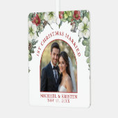 初めてのクリスマス結婚したフローラ結婚写真の白 メタルオーナメント (正面左)