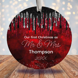 初めてのクリスマス結婚したブラック赤グリッター乾燥 セラミックオーナメント