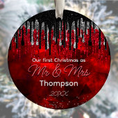 初めてのクリスマス結婚したブラック赤グリッター乾燥 セラミックオーナメント