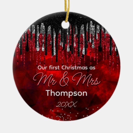初めてのクリスマス結婚したブラック赤グリッター乾燥 セラミックオーナメント (正面)